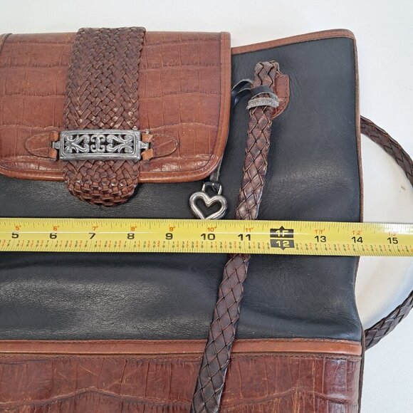 BRIGHTON Black Leather Brown Croc Emboss Braided Handle Shoulder Bag - Picture 13 of 15